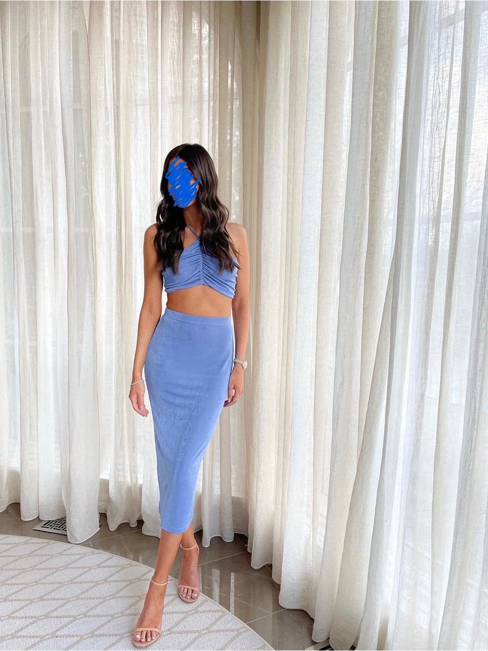 Midi Skirt and Crop Halter Top Set Co-Ord in Blue